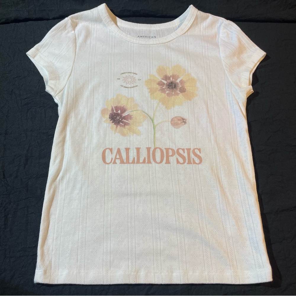 American Eagle Floral Flower Jersey Pointelle Knit White Short Sleeve Baby Tee